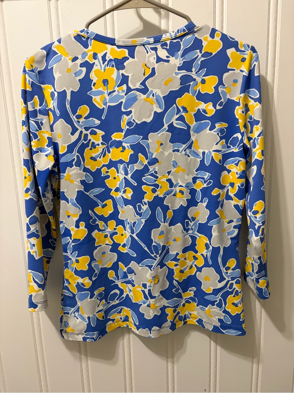 J.McLaughlin Floral Top Blue Yellow 3/4 Sleeve Stretch Knit Medium - Picture 7 of 7
